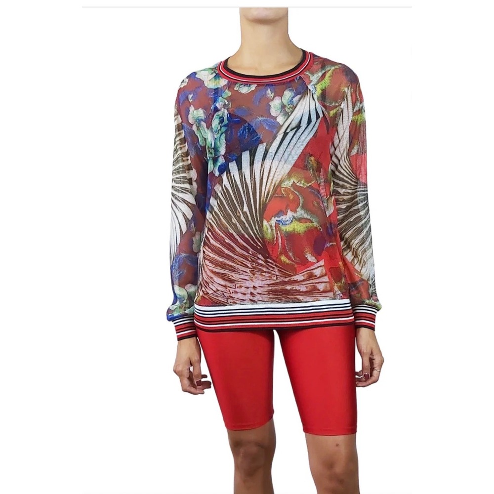 CLOVER CANYON Mesh Long Sleeve Blouse XS Multicolor Tropical Floral Streetwear